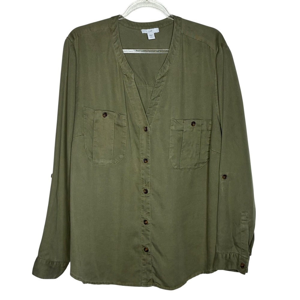 J Jill Womens Large Petite Olive Green Utility Shirt Button Minimalist Fisherman